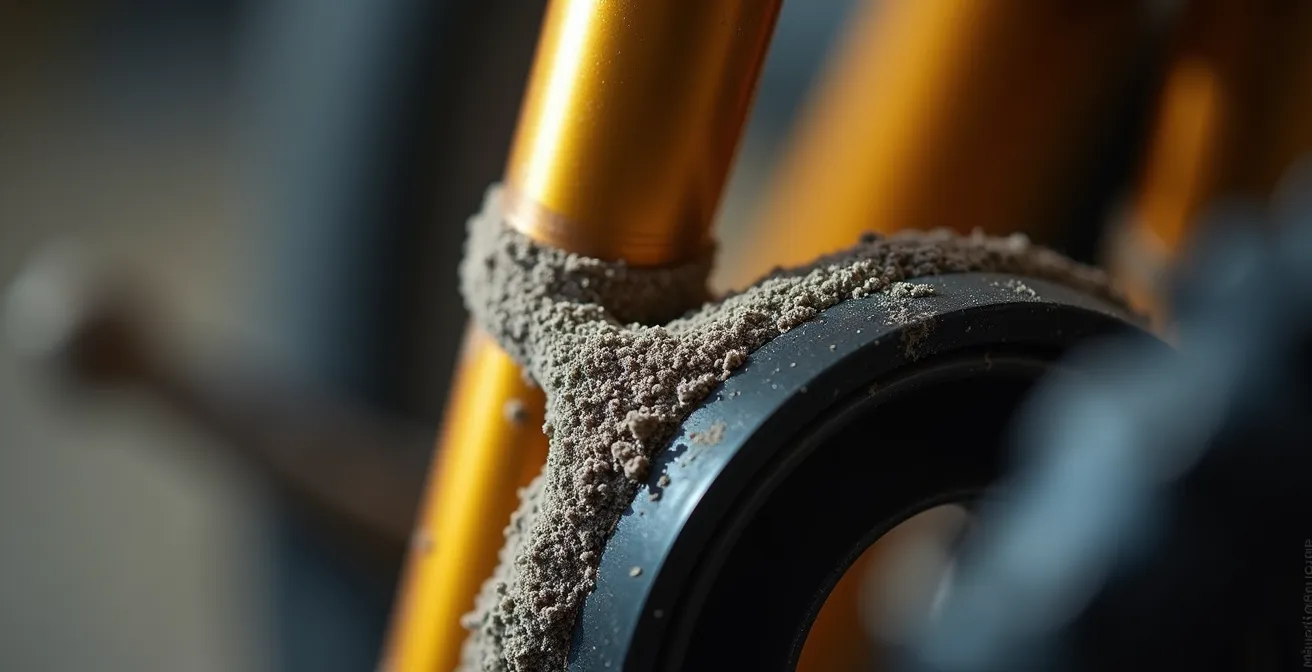 Detalle macro de retén de horquilla con polvo abrasivo típico español