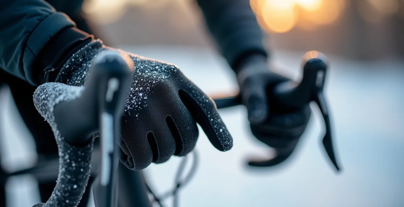 Detalle de manos con guantes térmicos en manillar de bicicleta en ambiente invernal