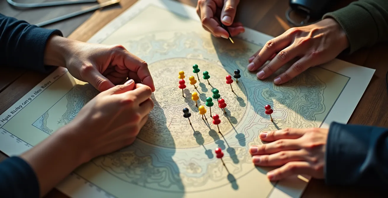 Vista aérea de un mapa de ruta ciclista con puntos de escape marcados
