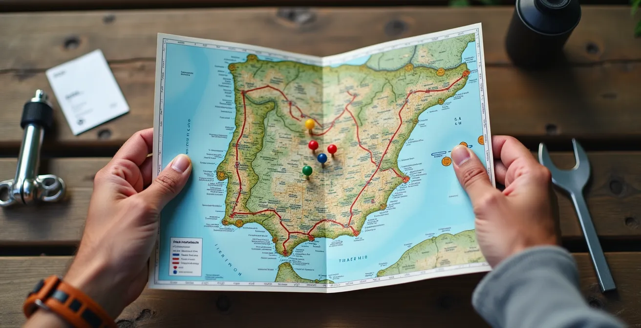 Mapa topográfico con rutas ciclistas y estaciones de tren marcadas