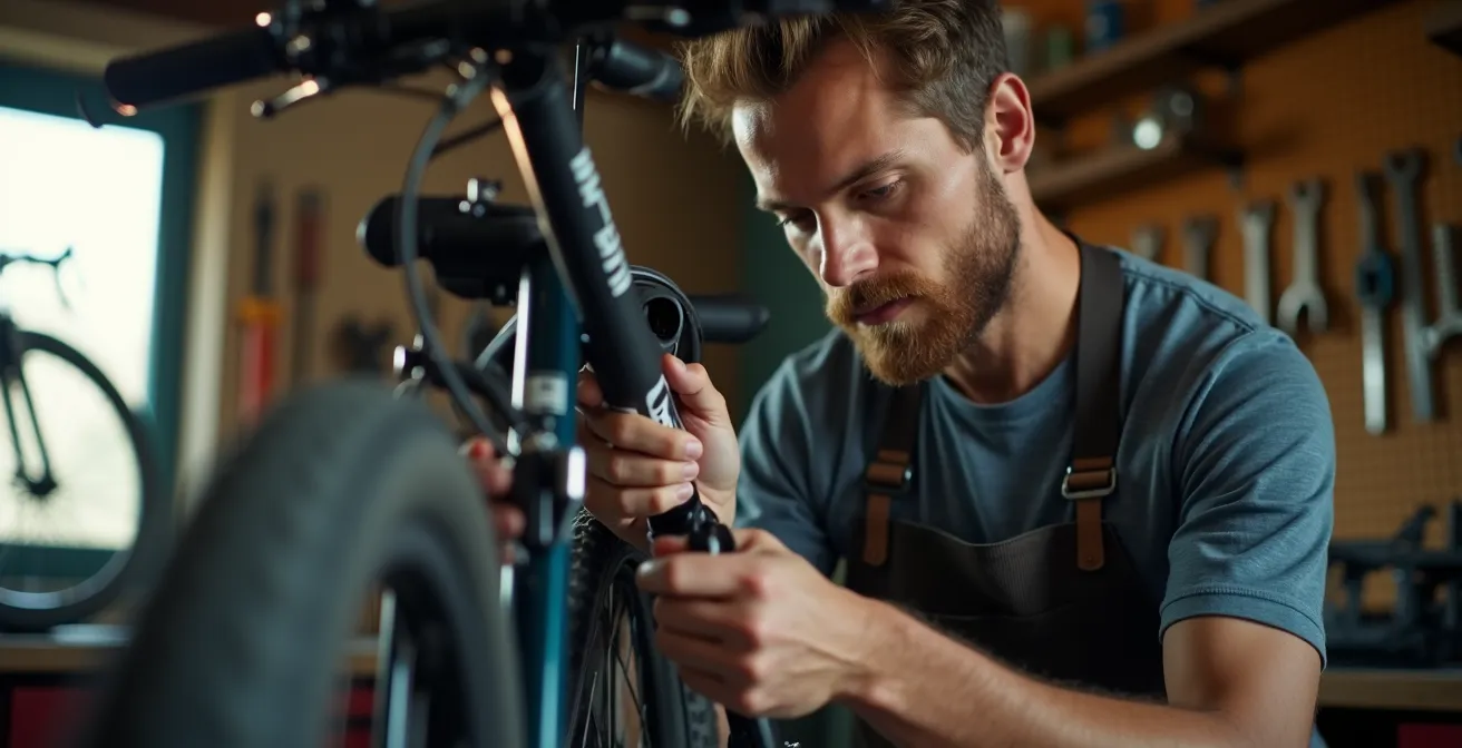 Mecánico profesional ajustando la bisagra de una bicicleta plegable en taller