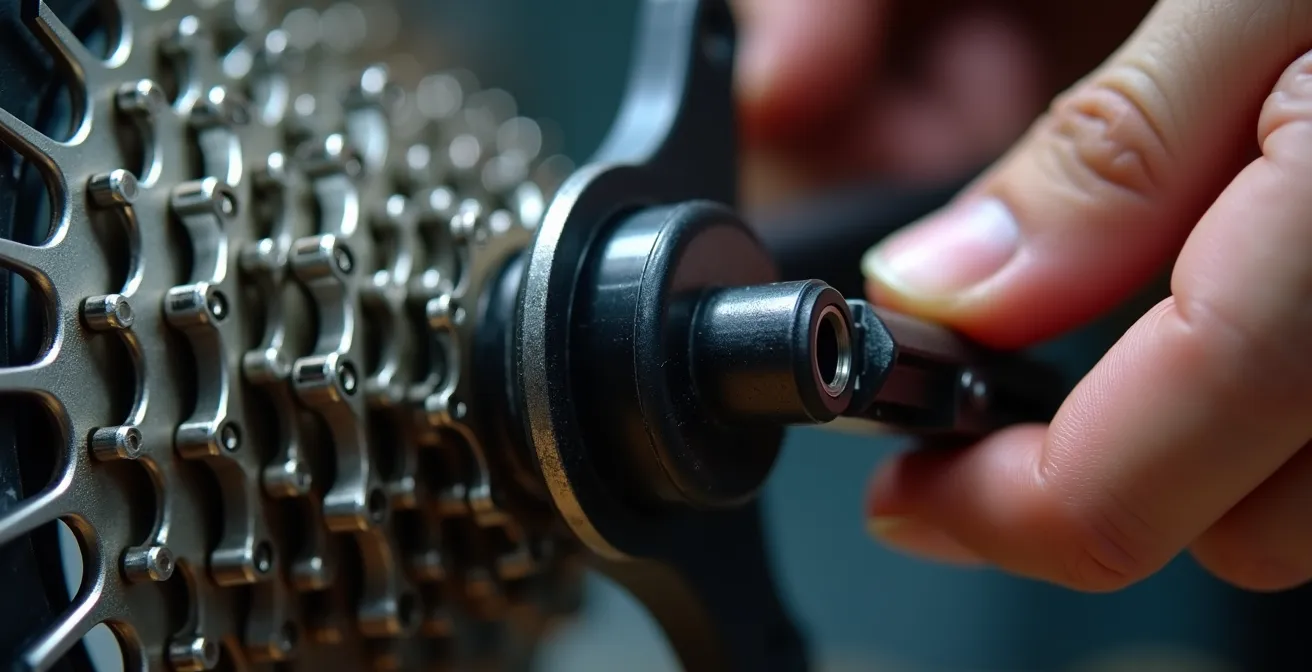 Mecánico profesional inspeccionando componentes de transmisión en taller de bicicletas