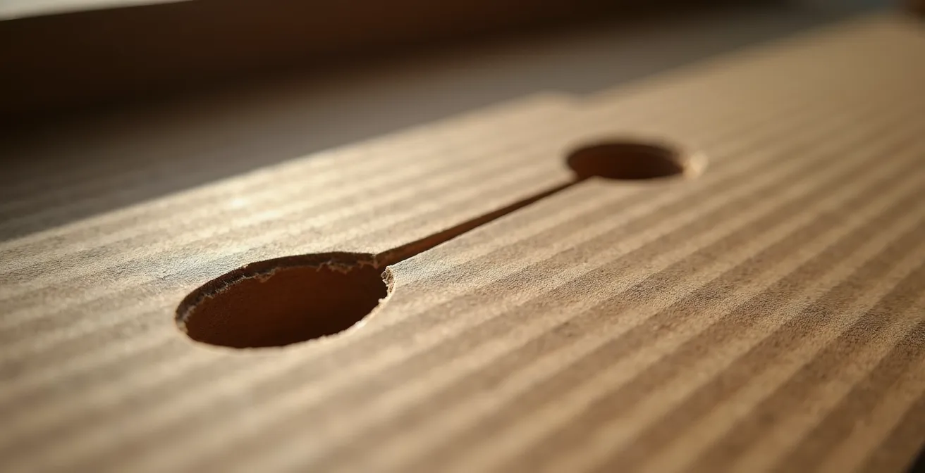 Detalle macro de la textura del cartón ondulado con marcas de presión de los isquiones