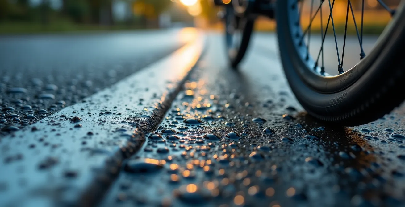 Detalle macro de neumático de bicicleta con gotas de agua sobre superficie de asfalto español