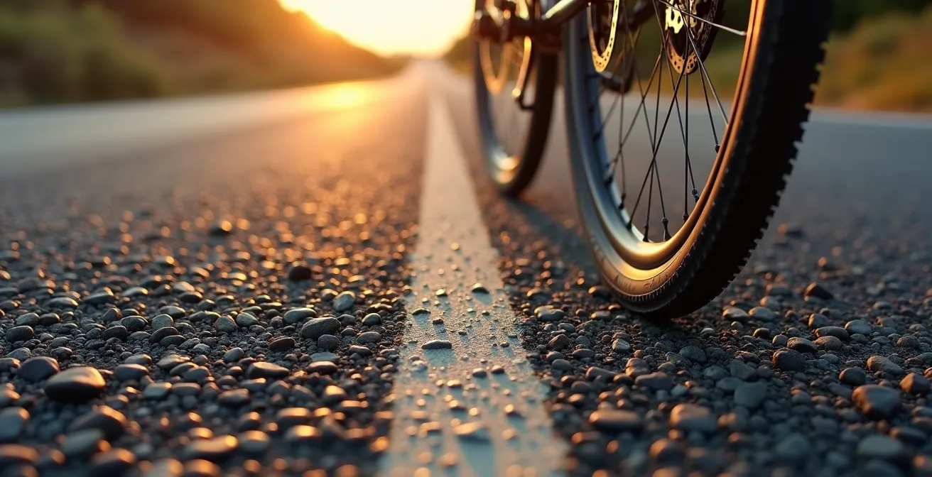 Vista lateral de neumático de 28mm sobre asfalto rugoso español