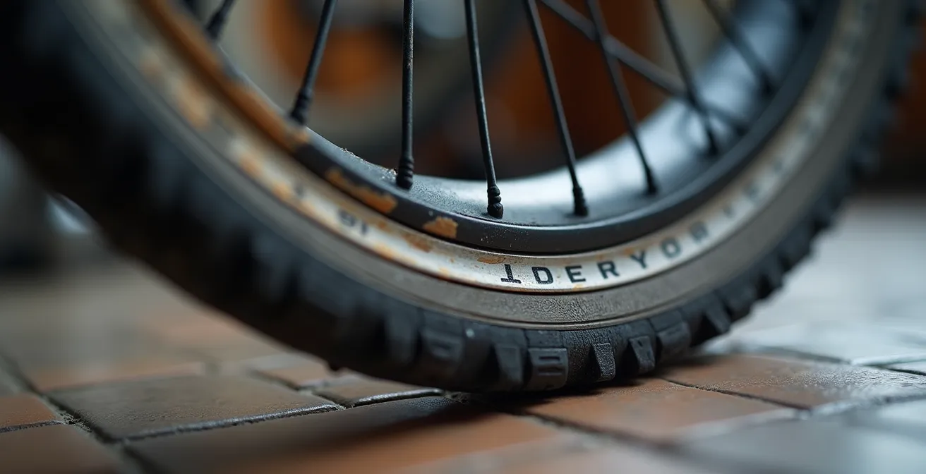 Detalle macro de un neumático de bicicleta mostrando deformación por baja presión