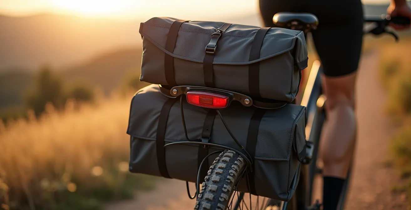 Vista lateral de portabultos correctamente instalado en bicicleta de trekking con alforjas