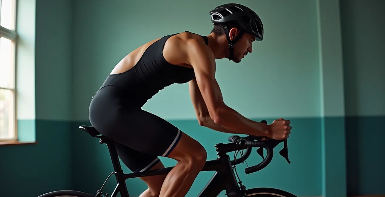 Vista lateral de ciclista mostrando ángulos biomecánicos correctos en posición aerodinámica