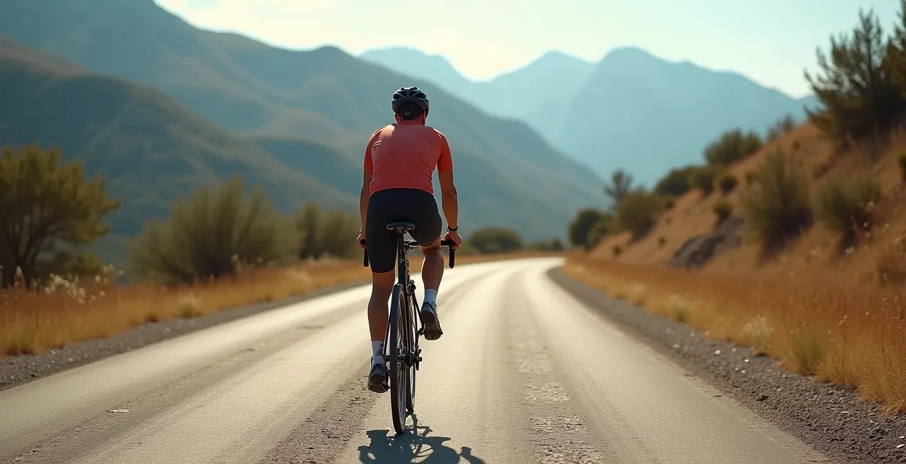 Ciclista en carretera secundaria española con codos correctamente flexionados absorbiendo vibraciones del terreno