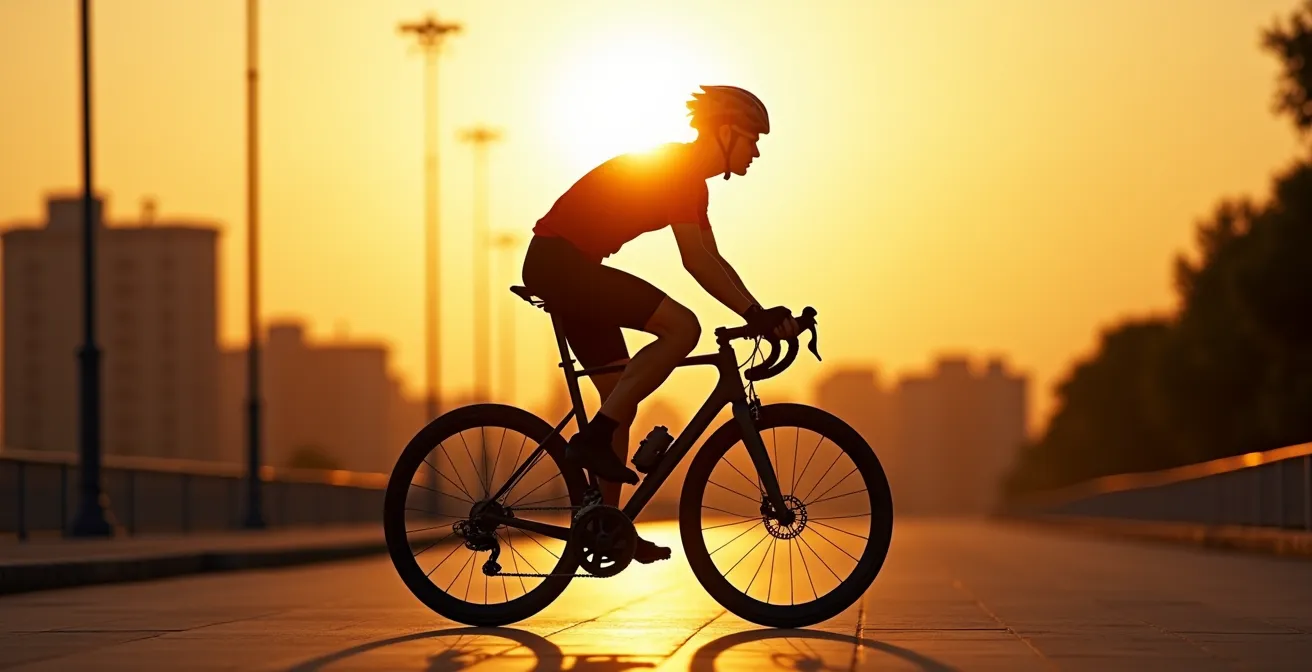 Vista lateral de ciclista mostrando distribución correcta del peso entre sillín y manillar