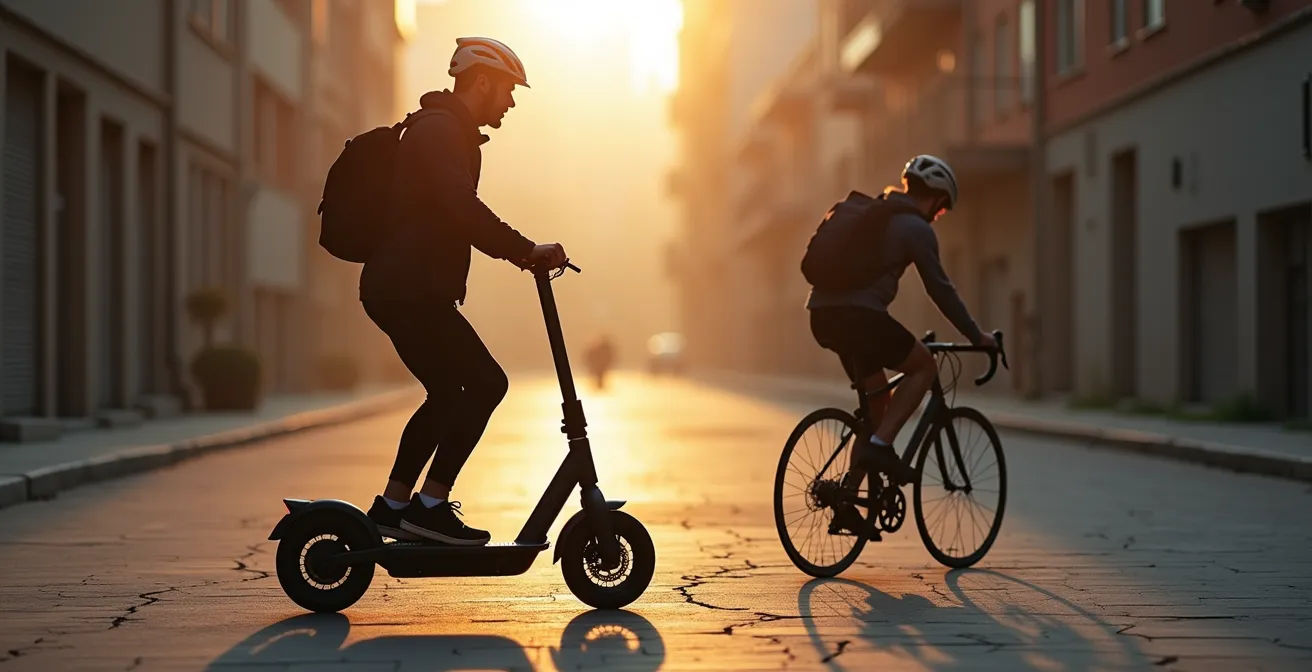 Comparación de posturas corporales en patinete y bicicleta durante trayecto urbano largo