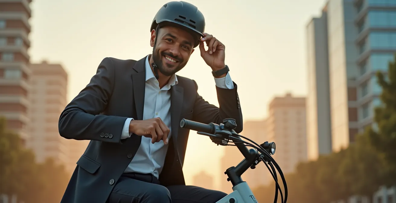 Ejecutivo con bicicleta eléctrica en el distrito financiero de Barcelona al amanecer