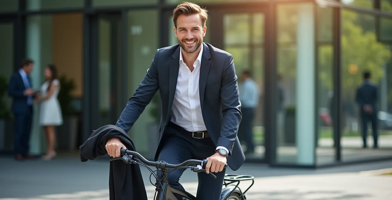 Ejecutivo llegando fresco a la oficina en e-bike en pleno verano
