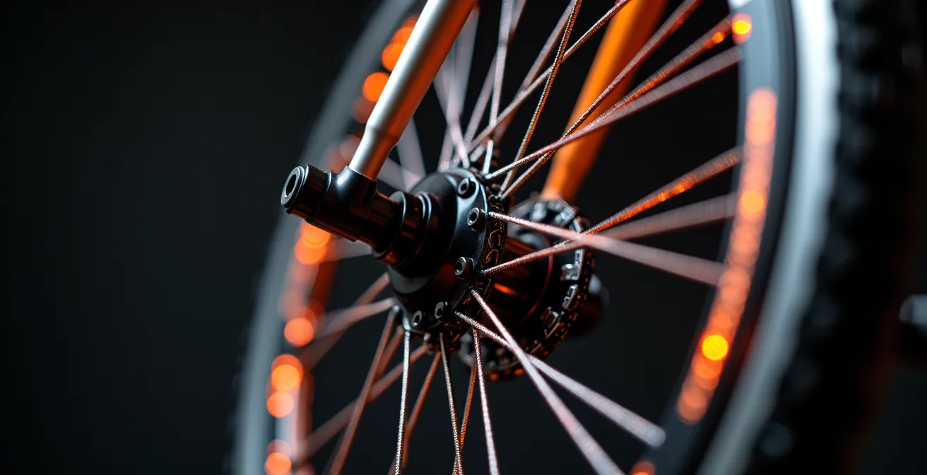 Detalle macro de reflectantes en radios de rueda de bicicleta iluminados