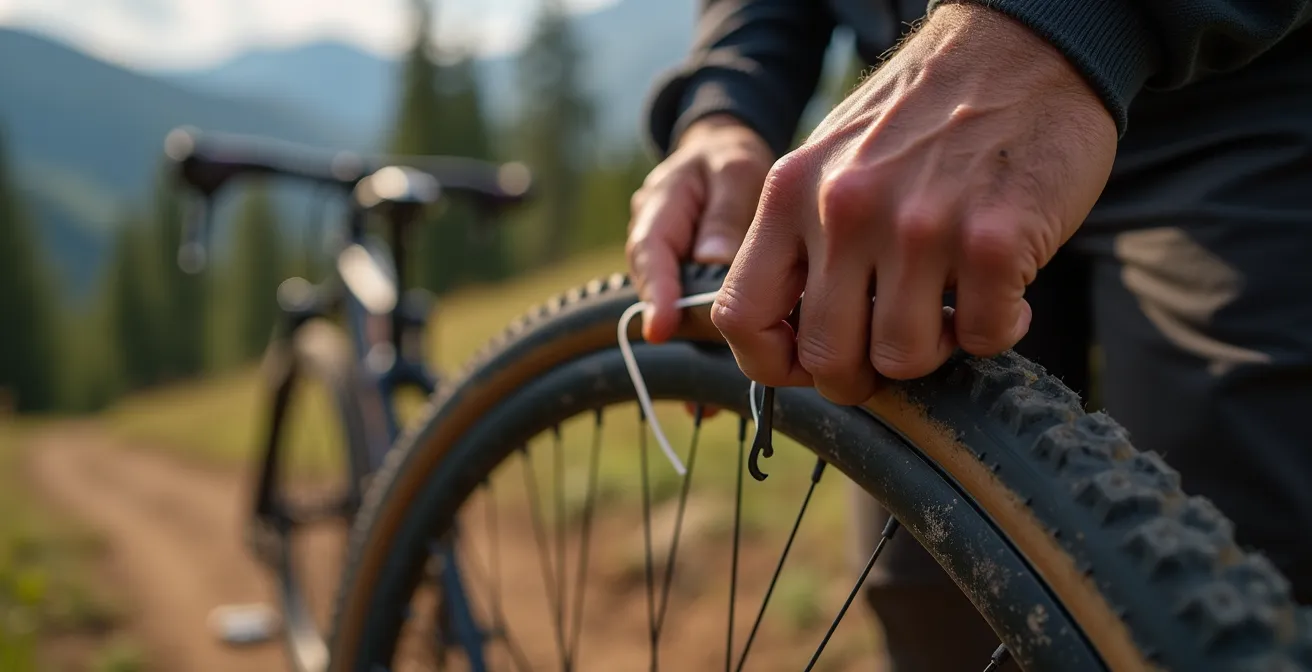 Manos reparando un flanco de neumático rajado con hilo dental en sendero de montaña