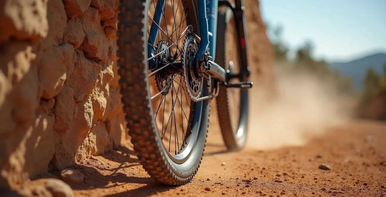 Detalle macro de retenes de horquilla con polvo acumulado