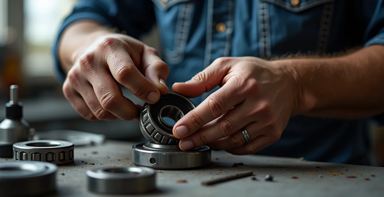 Mano de mecánico inspeccionando rodamientos de buje de rueda con herramientas