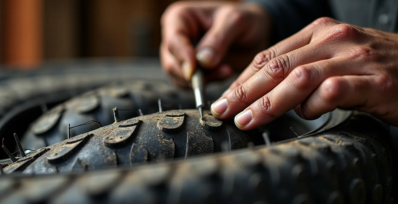 Artesano trabajando con neumáticos reciclados de bicicleta en taller español