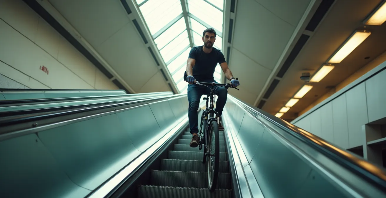Ciclista subiendo escaleras mecánicas con bicicleta en posición vertical usando la técnica del pistón