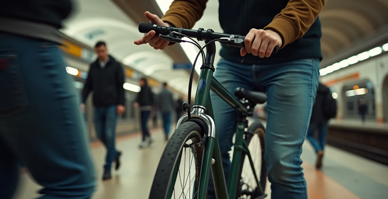 Demostración de plegado de bicicleta en andén de estación española