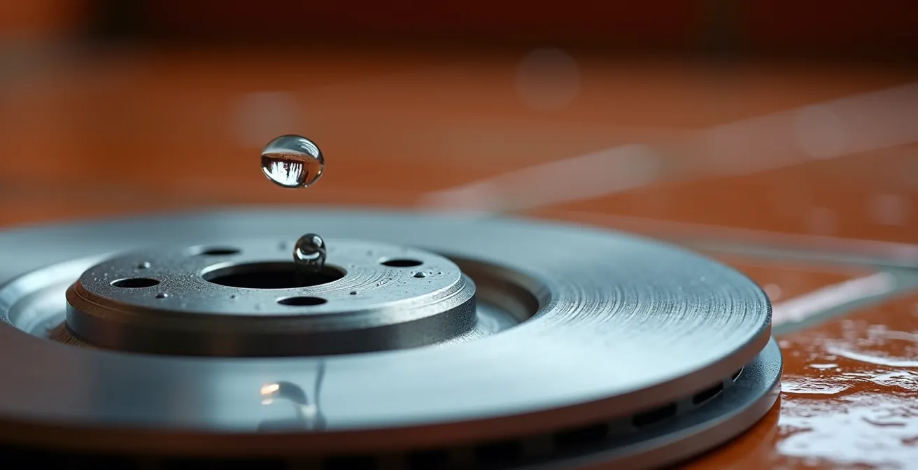 Prueba de la gota de agua en un disco de freno para detectar contaminación por aceite
