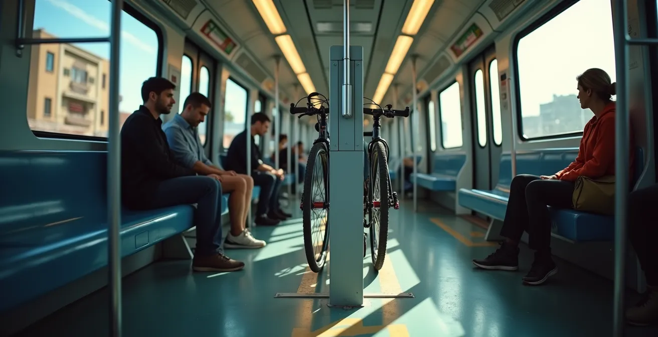 Interior de vagón Civia de Cercanías mostrando el espacio designado para bicicletas con una bici correctamente aparcada