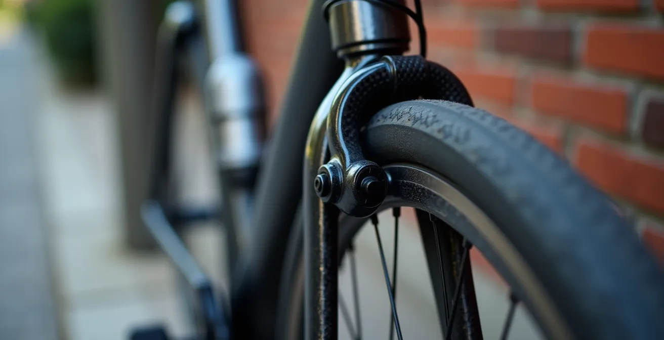 Demostración macro de técnica correcta de candado en U asegurando bicicleta urbana