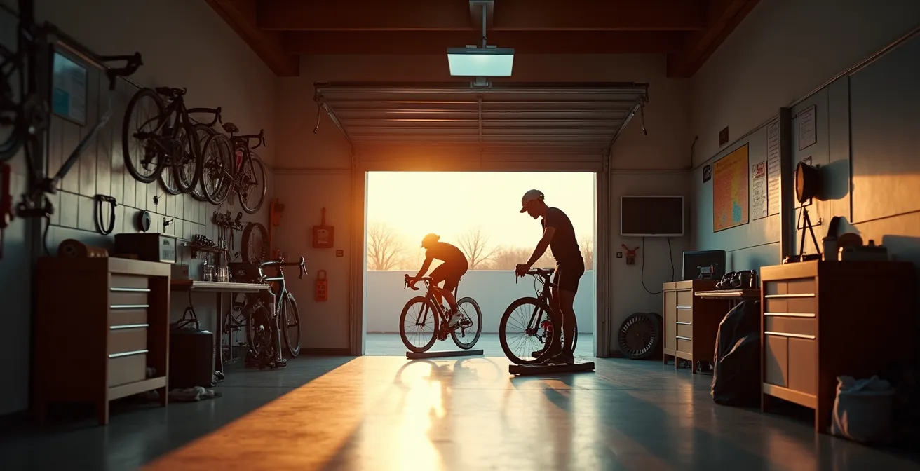 Ciclista amateur revisando métricas de entrenamiento en su garaje después del trabajo