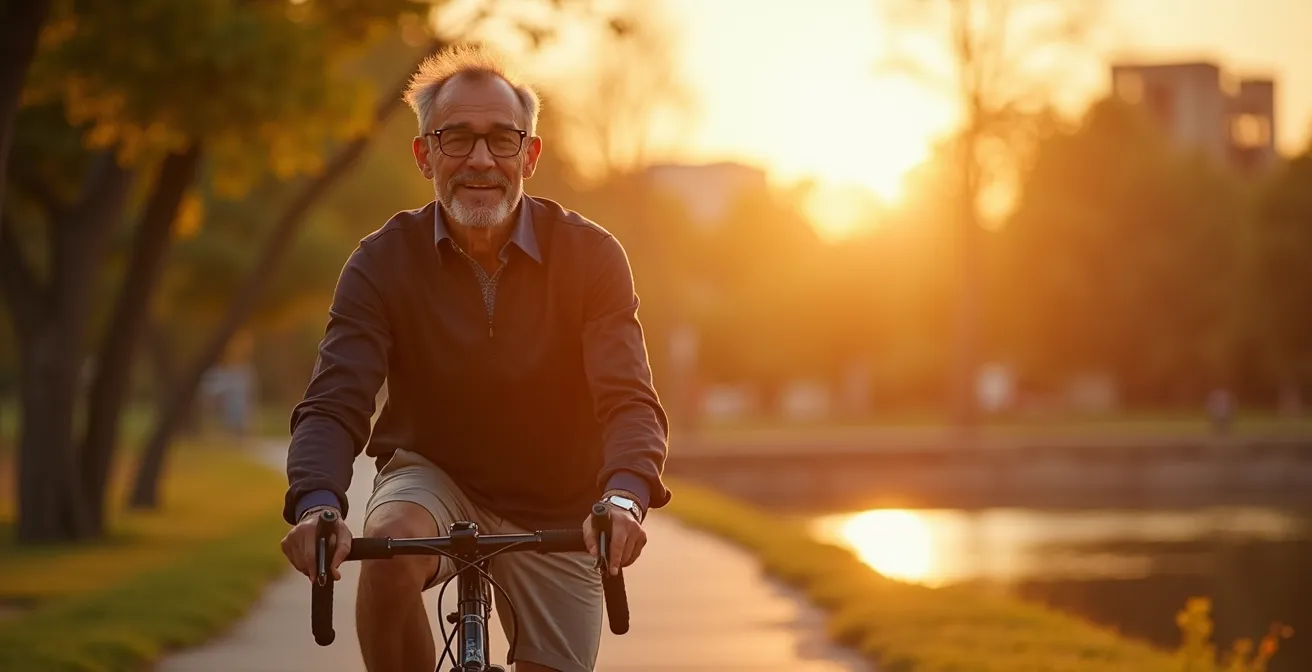 Ciclista pedaleando tranquilamente por Madrid Río al atardecer con vegetación y el río Manzanares de fondo