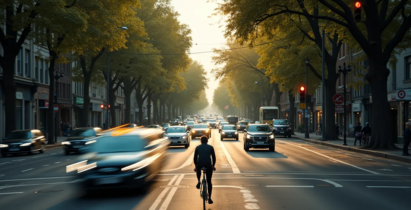 Vista aérea de dos rutas ciclistas paralelas en ciudad mostrando diferencias de tráfico