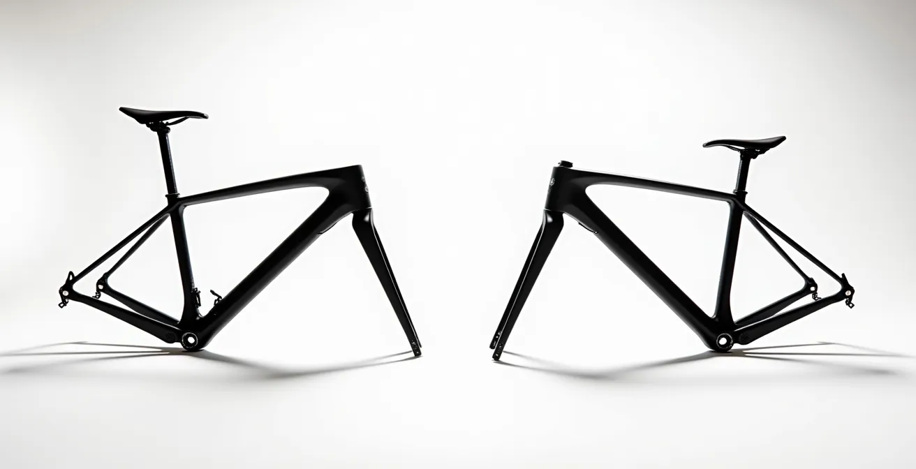 Comparación visual de geometría entre cuadro racing y gran fondo, mostrando las diferencias de Reach y Stack.