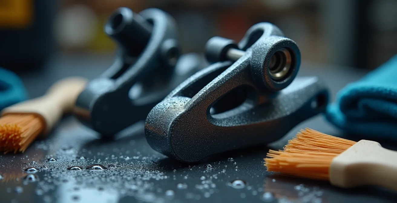 Detalle macro de transmisión electrónica Shimano Di2 con gotas de agua y herramientas de limpieza