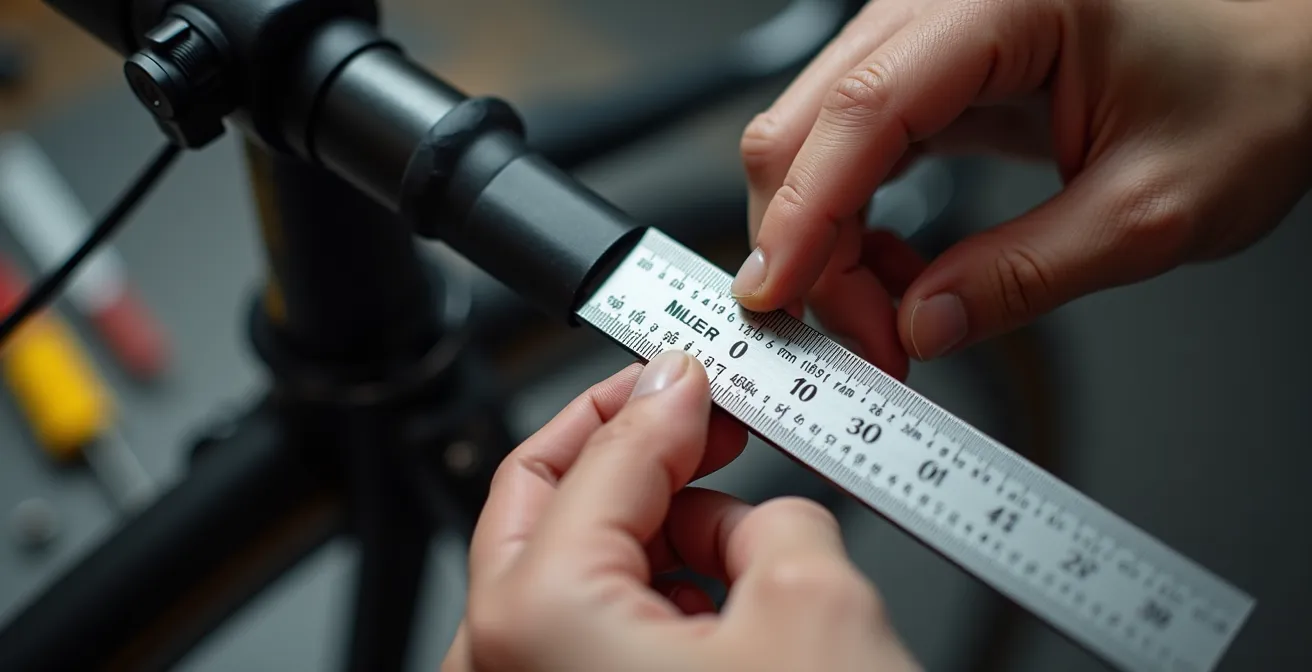 Mecánico profesional midiendo la longitud de la potencia de una bicicleta de carretera en un taller.
