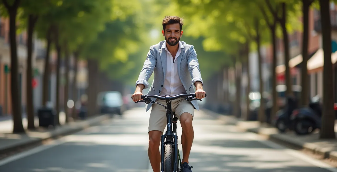 Ejecutivo en bicicleta eléctrica con traje ligero de verano en carril bici urbano