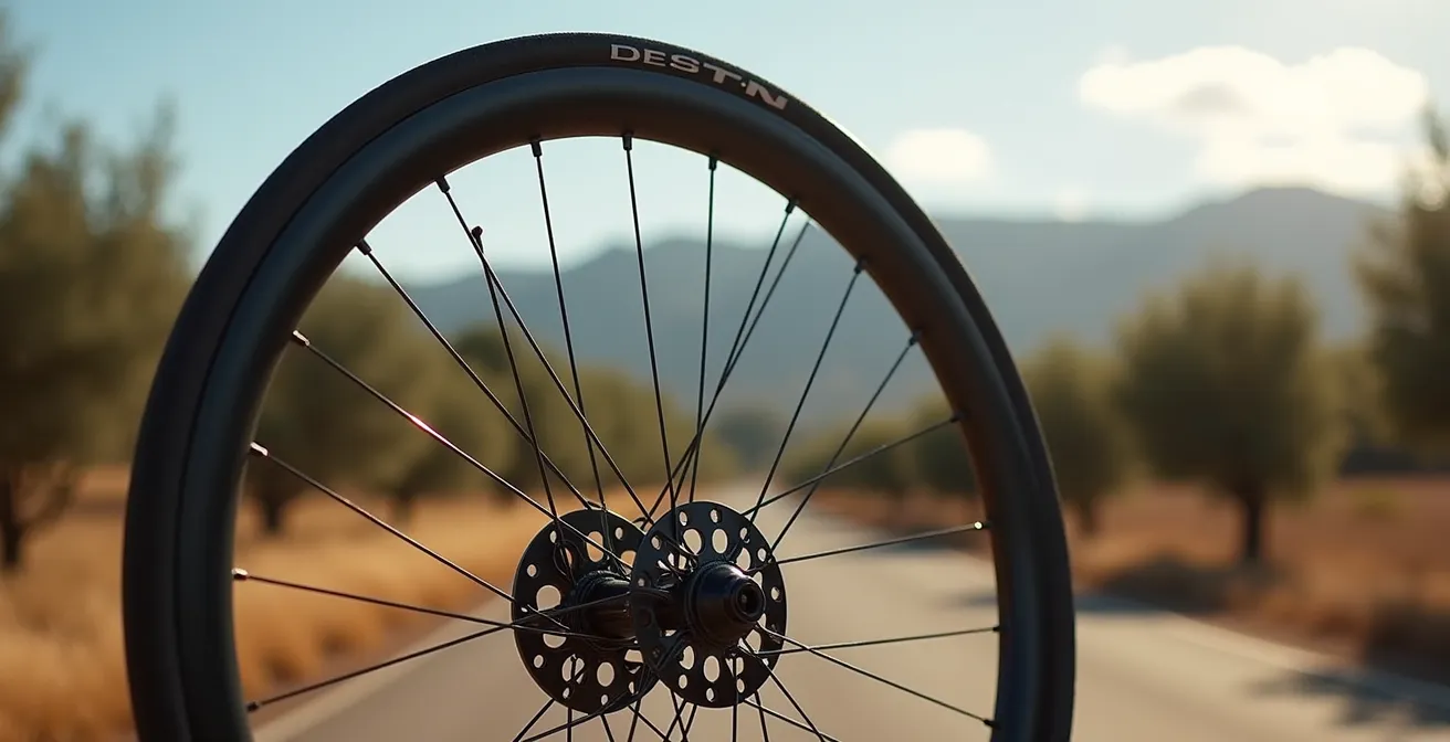 Rueda de carbono de perfil medio montada en bicicleta con paisaje español ventoso de fondo
