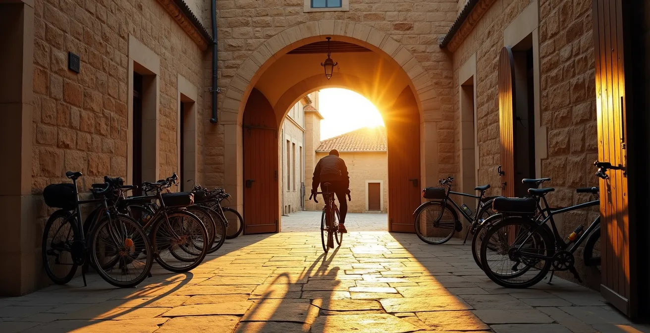 Zona de almacenamiento de bicicletas en un albergue del Camino de Santiago al atardecer