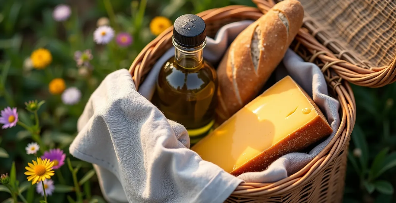 Alforjas abiertas mostrando productos españoles para picnic ciclista