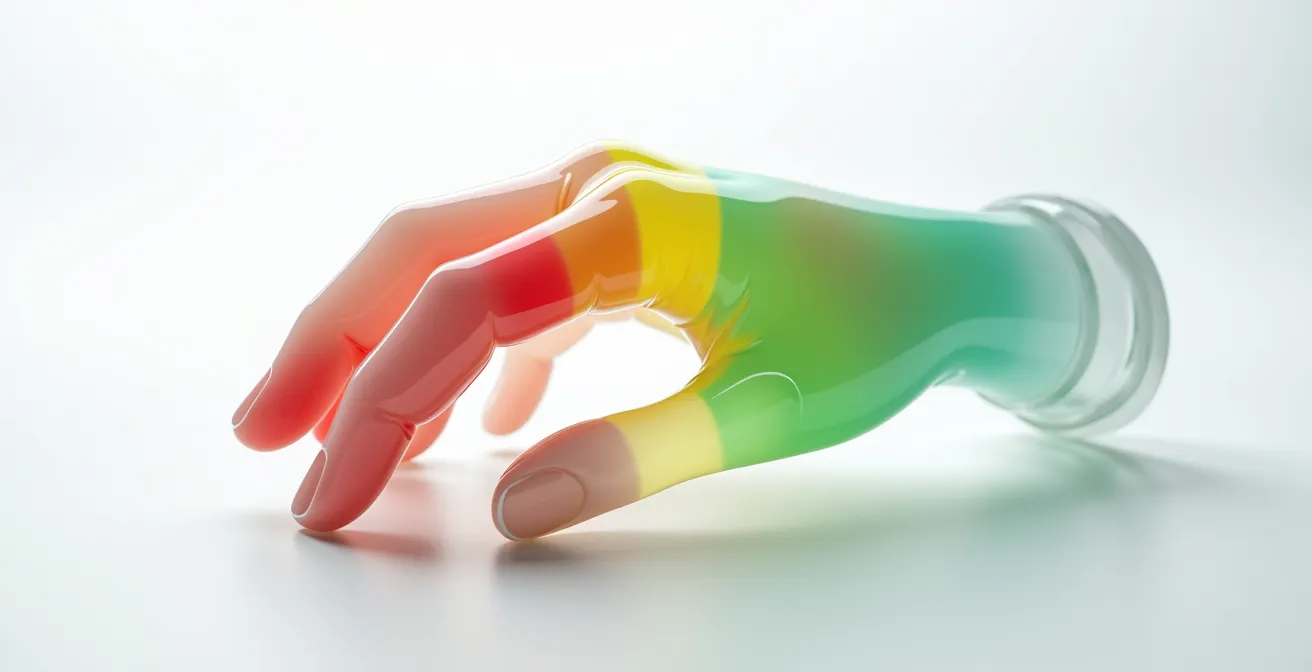 Vista anatómica de la mano mostrando puntos de presión sobre el nervio cubital al agarrar el manillar