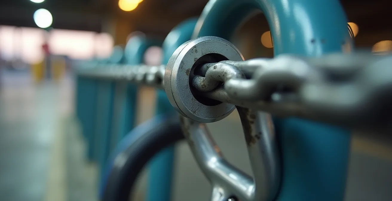 Vista detallada de sistema de anclaje seguro para bicicletas en parking cubierto de estación con candado en U