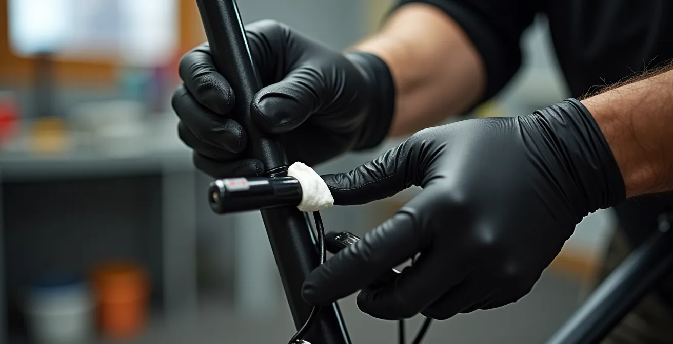 Manos aplicando grasa especial de carbono en una tija de sillín de bicicleta