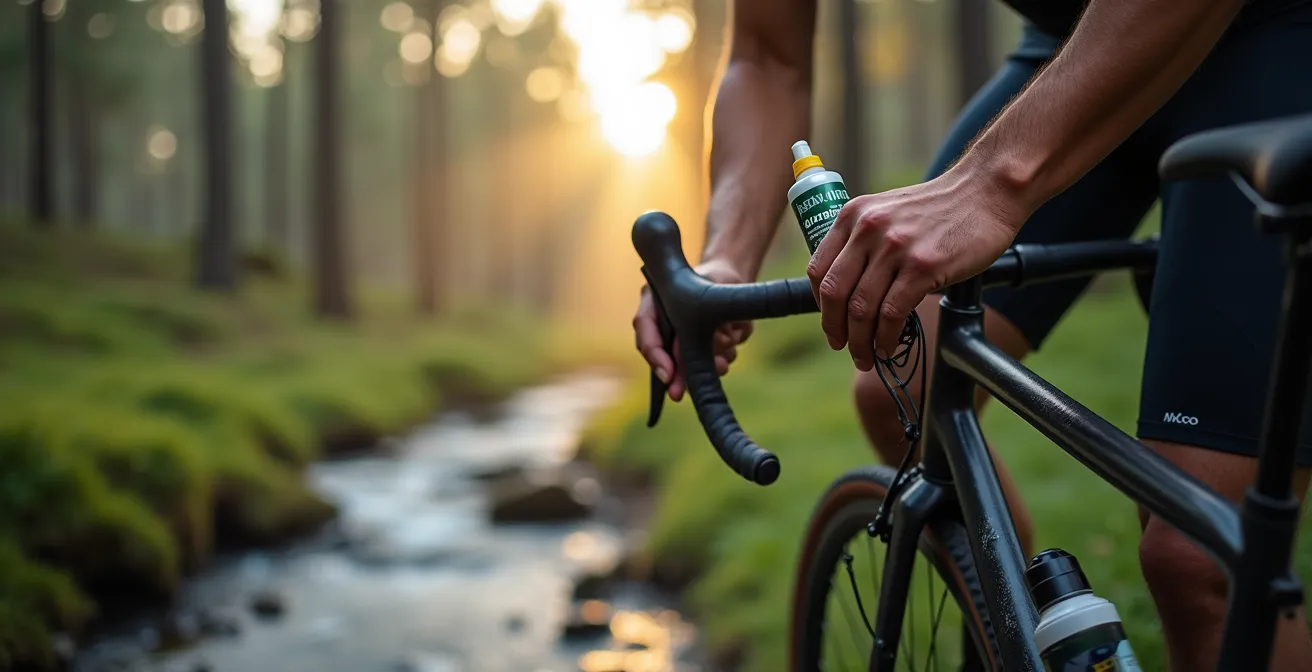 Manos aplicando lubricante ecológico en cadena de bicicleta en entorno natural