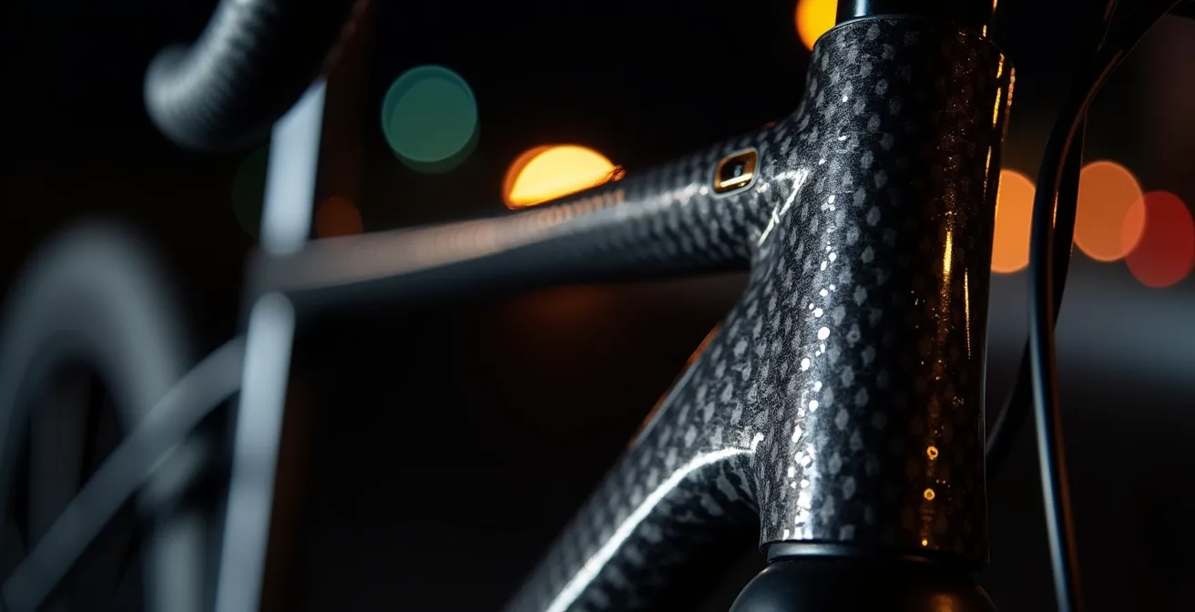 Detalle macro de pegatinas reflectantes negras en cuadro de bicicleta bajo luz de faros