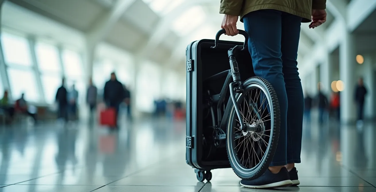 Bicicleta plegable dentro de maleta rígida en terminal de aeropuerto