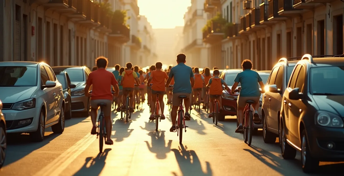 Grupo de niños y padres en bicibús escolar por calles de Valencia