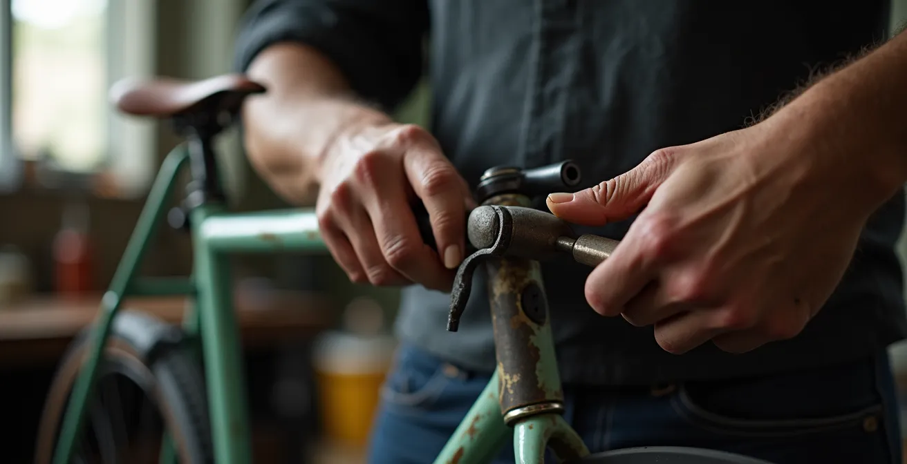 Detalle de bisagra de bicicleta plegable siendo ajustada con herramienta especializada