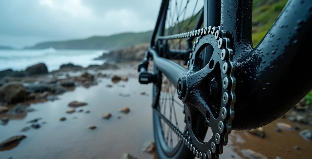Cadena de bicicleta bajo lluvia intensa con gotas de agua rebotando en eslabones lubricados