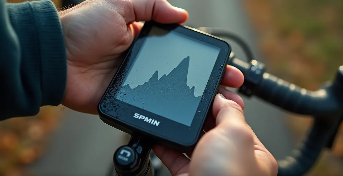 Vista macro de altímetro de bicicleta mostrando perfil de elevación montañoso