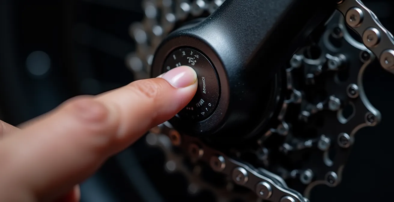 Detalle macro del botón de función en un cambio electrónico Shimano Di2 con LED indicador iluminado en amarillo