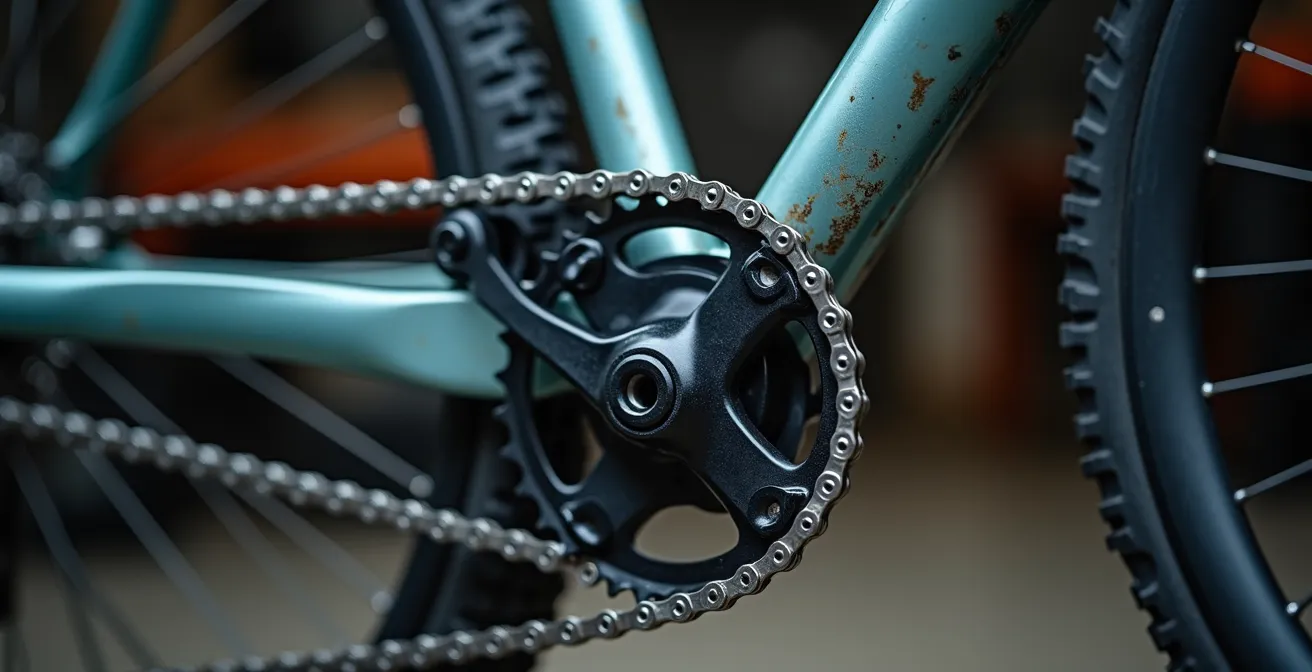 Vista posterior de un cambio trasero desalineado mostrando claramente la patilla doblada y su efecto en la cadena