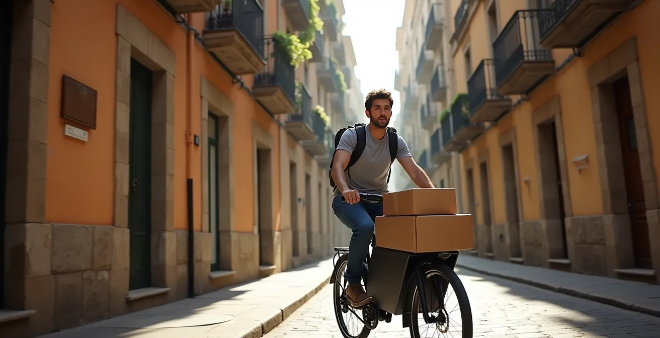 Una cargo bike eléctrica navega por una calle estrecha y empedrada del casco histórico de una ciudad española.